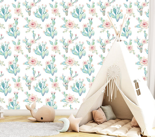 Cactus Wallpaper Peel and Stick, Tropical Wallpaper, Exotic Wallpaper, Nursery Wallpaper, Removable Wall Paper