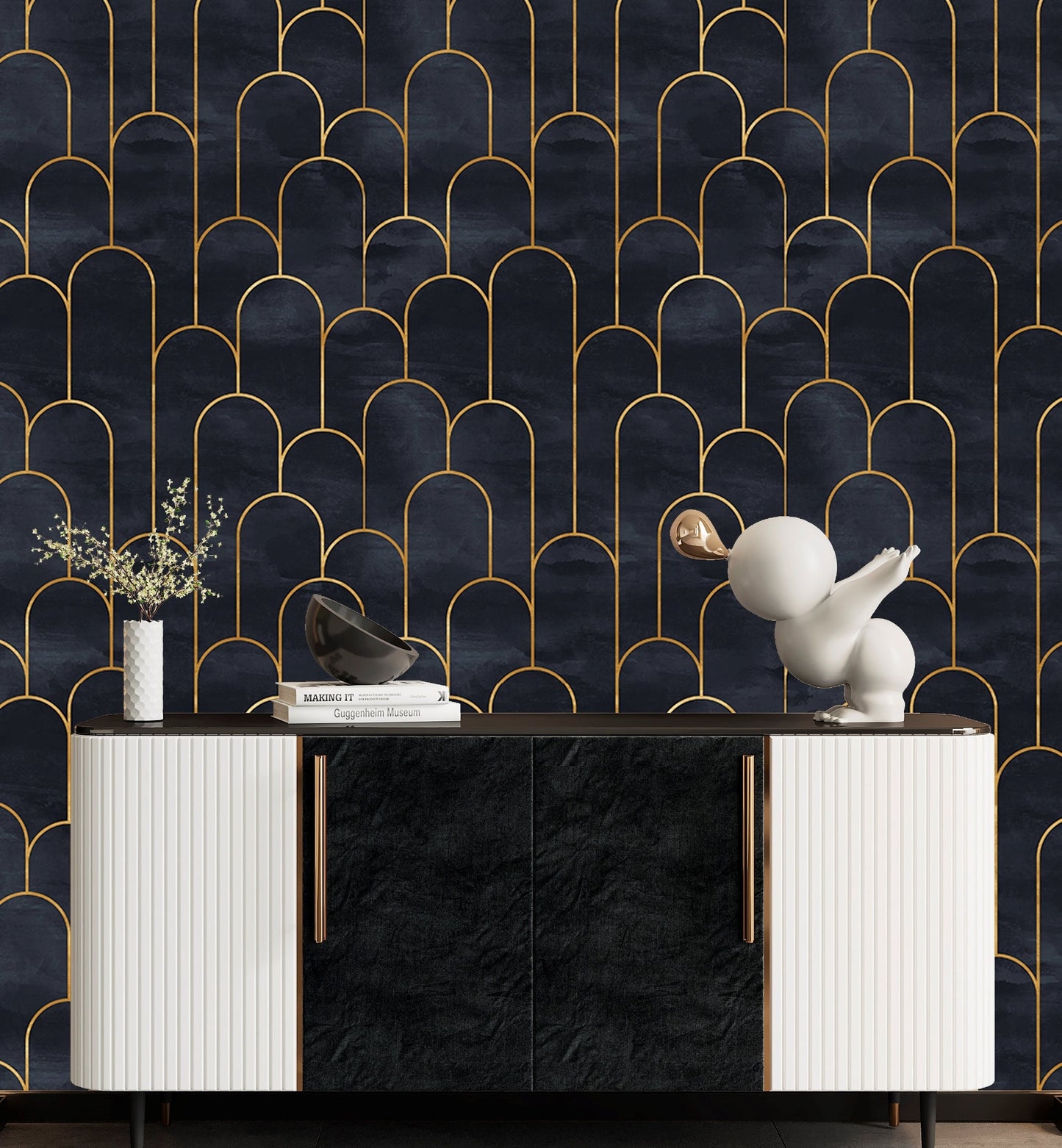 Black Gold Wallpaper Peel and Stick, Art Deco Wallpaper, Geometric Wallpaper, Vintage Wallpaper, Removable Wall Paper