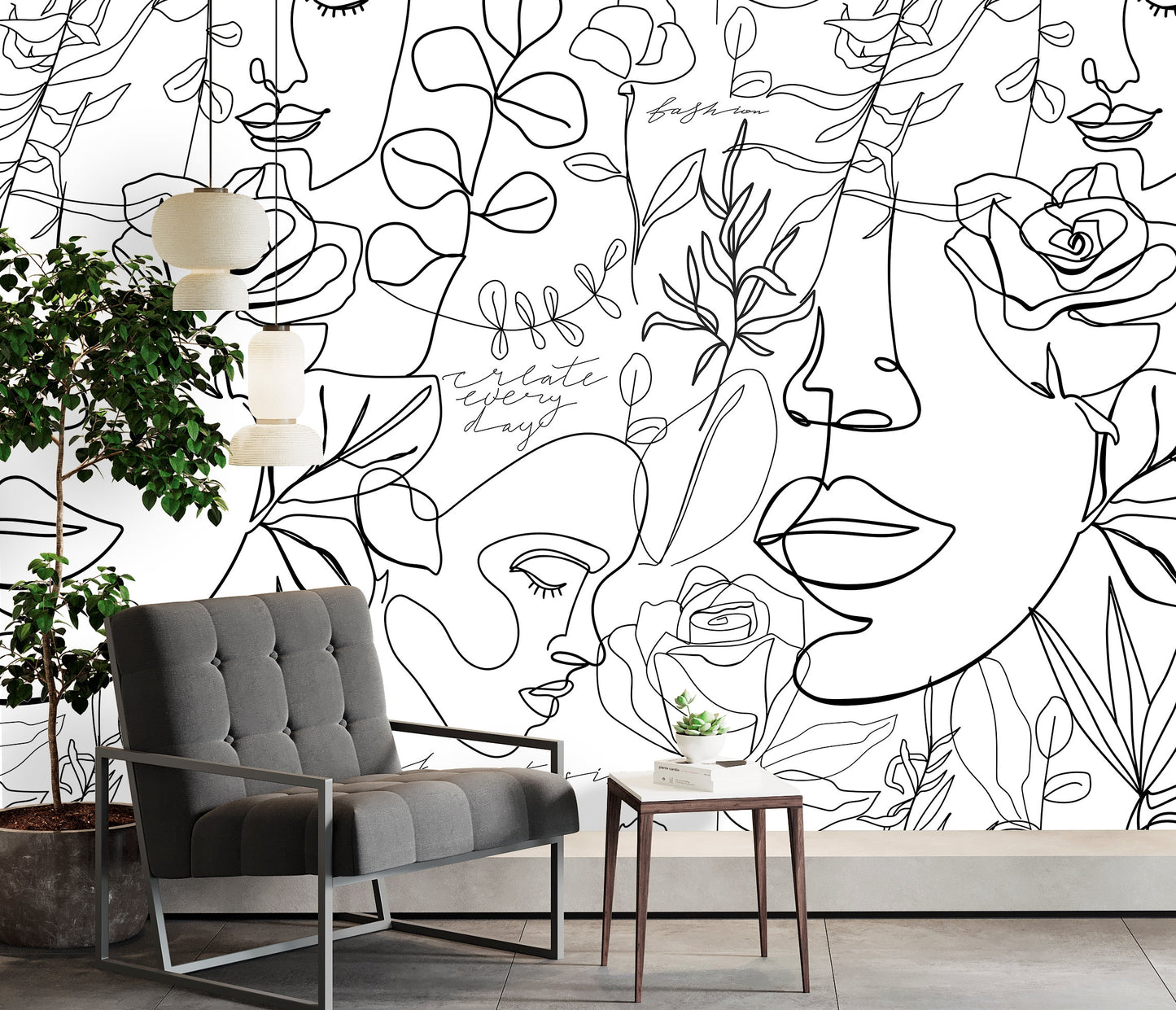 Faces Wallpaper Peel and Stick, Line Art Wallpaper, Black and White Wallpaper, Removable Wall Paper