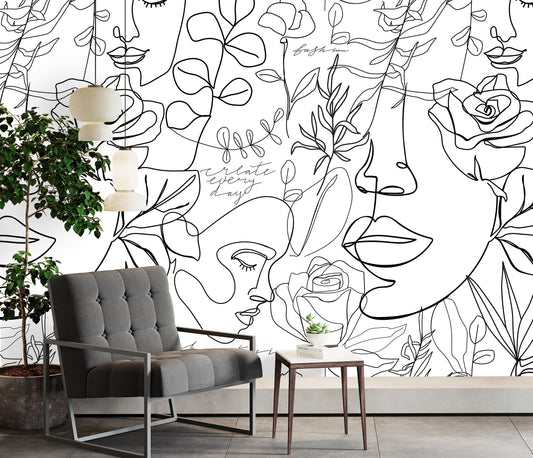 Faces Wallpaper Peel and Stick, Line Art Wallpaper, Black and White Wallpaper, Removable Wall Paper