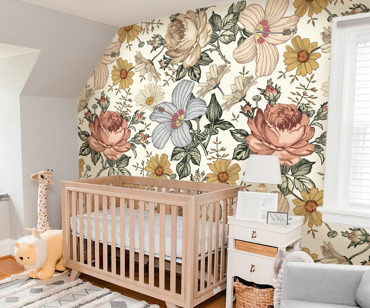 Big Flower Wallpaper Peel and Stick, Vintage Floral Wallpaper Nursery Wallpaper, Removable Wall Paper