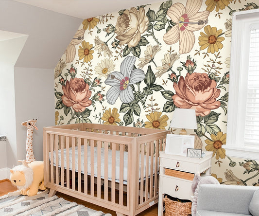 Big Flower Wallpaper Peel and Stick, Vintage Floral Wallpaper Nursery Wallpaper, Removable Wall Paper