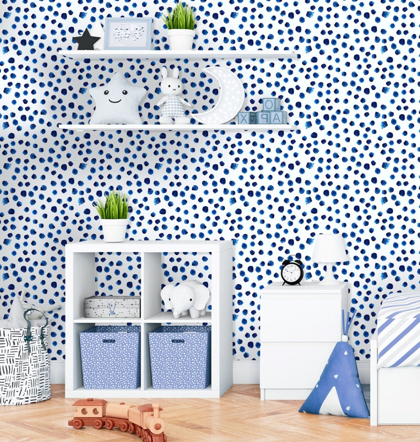 Blue Dot Wallpaper Peel and Stick, Boys Room Wallpaper, Watercolor Wallpaper, Brush Stroke Wallpaper, Removable Wall Paper