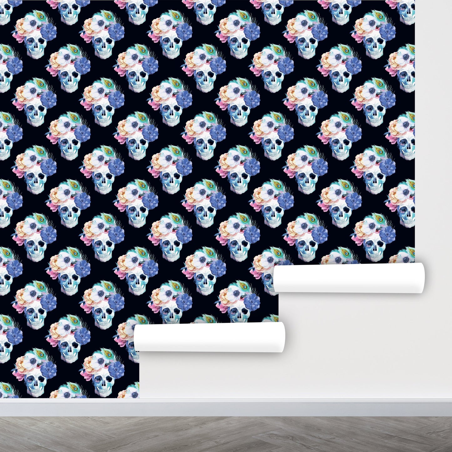 Scull Wallpaper Peel and Stick, Colorful Wallpaper, Dark Floral Wallpaper, Removable Wall Paper