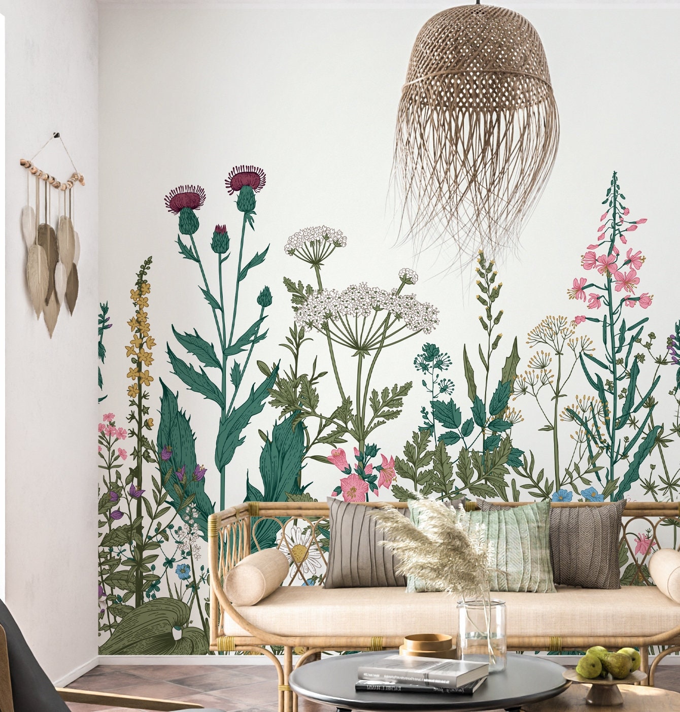 Wildflower Wallpaper Peel and Stick, Big Flowers Wallpaper, Botanical Wallpaper, Nursery Wallpaper, Removable Wall Paper