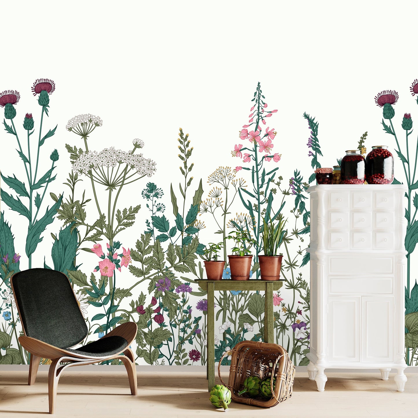 Wildflower Wallpaper Peel and Stick, Big Flowers Wallpaper, Botanical Wallpaper, Nursery Wallpaper, Removable Wall Paper