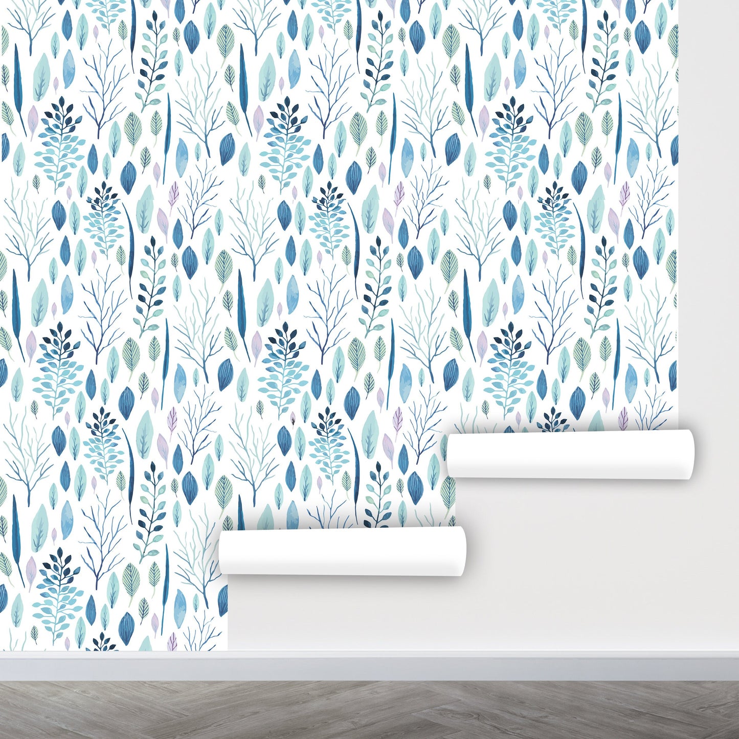 Blue Leaves Wallpaper Peel and Stick Nursery Wallpapers, Farmhouse Wallpaper, Removable Wall Paper