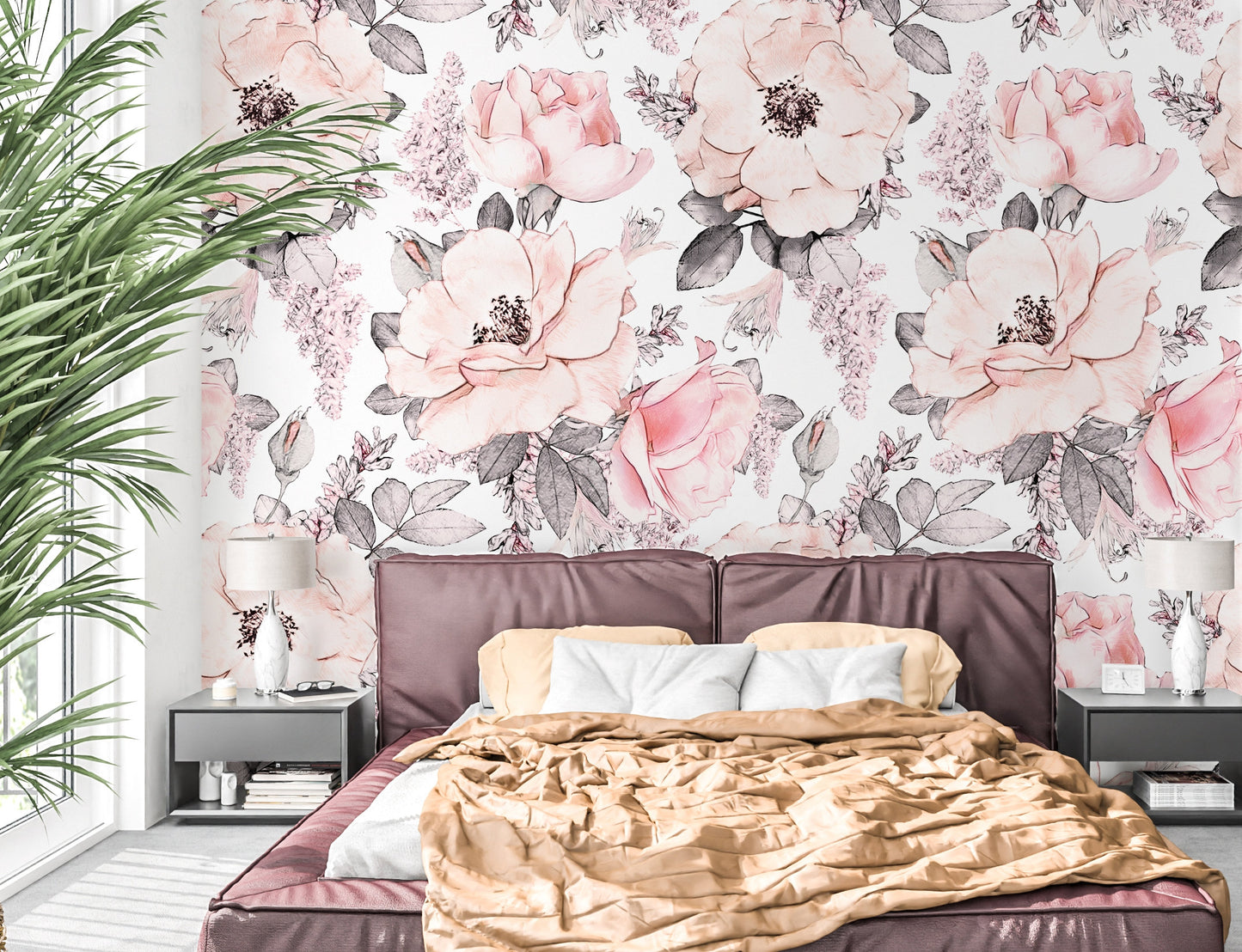 Pink Floral Wallpaper Peel and Stick, Peony Wallpaper, Big Flower Wallpaper Nursery Wallpaper, Removable Wall Paper