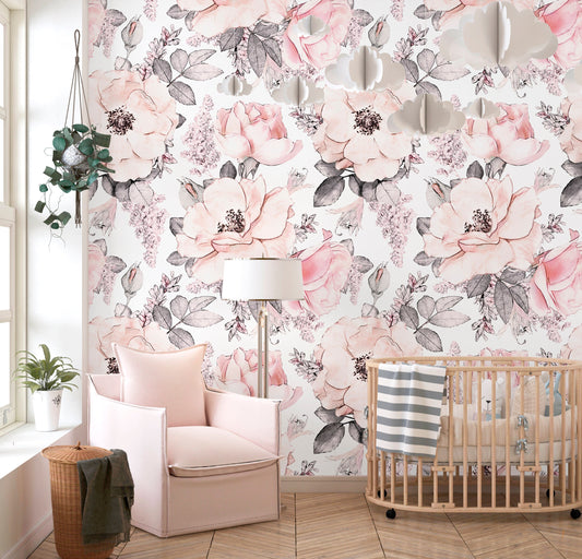 Pink Floral Wallpaper Peel and Stick, Peony Wallpaper, Big Flower Wallpaper Nursery Wallpaper, Removable Wall Paper