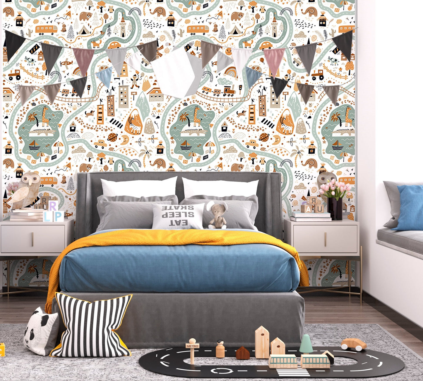 Boys Room Wallpaper Peel and Stick, Village Wallpaper, City Map Wallpaper, Road Wallpaper, Nursery Wallpaper, Removable Wall Paper