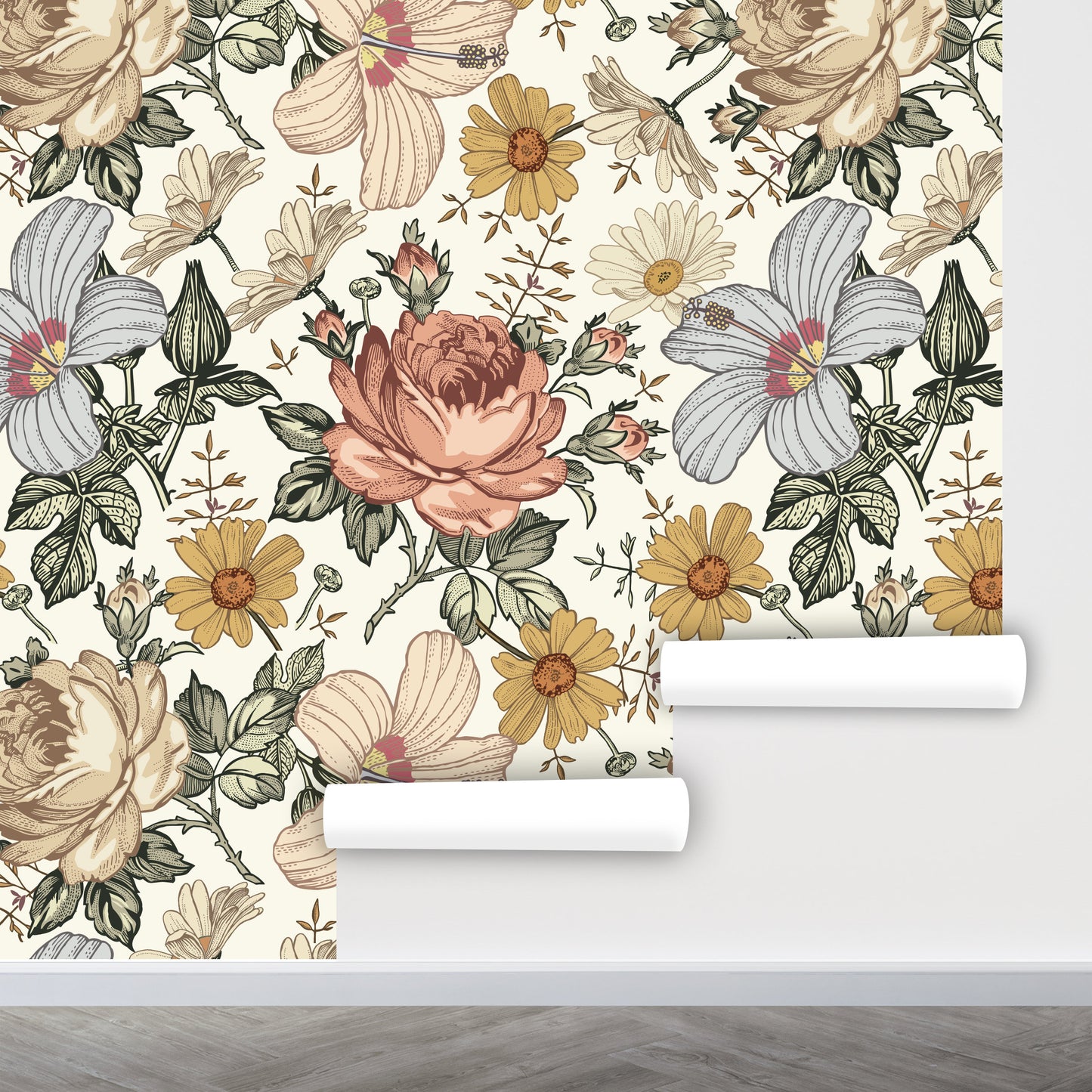 Big Flower Wallpaper Peel and Stick, Vintage Floral Wallpaper Nursery Wallpaper, Removable Wall Paper