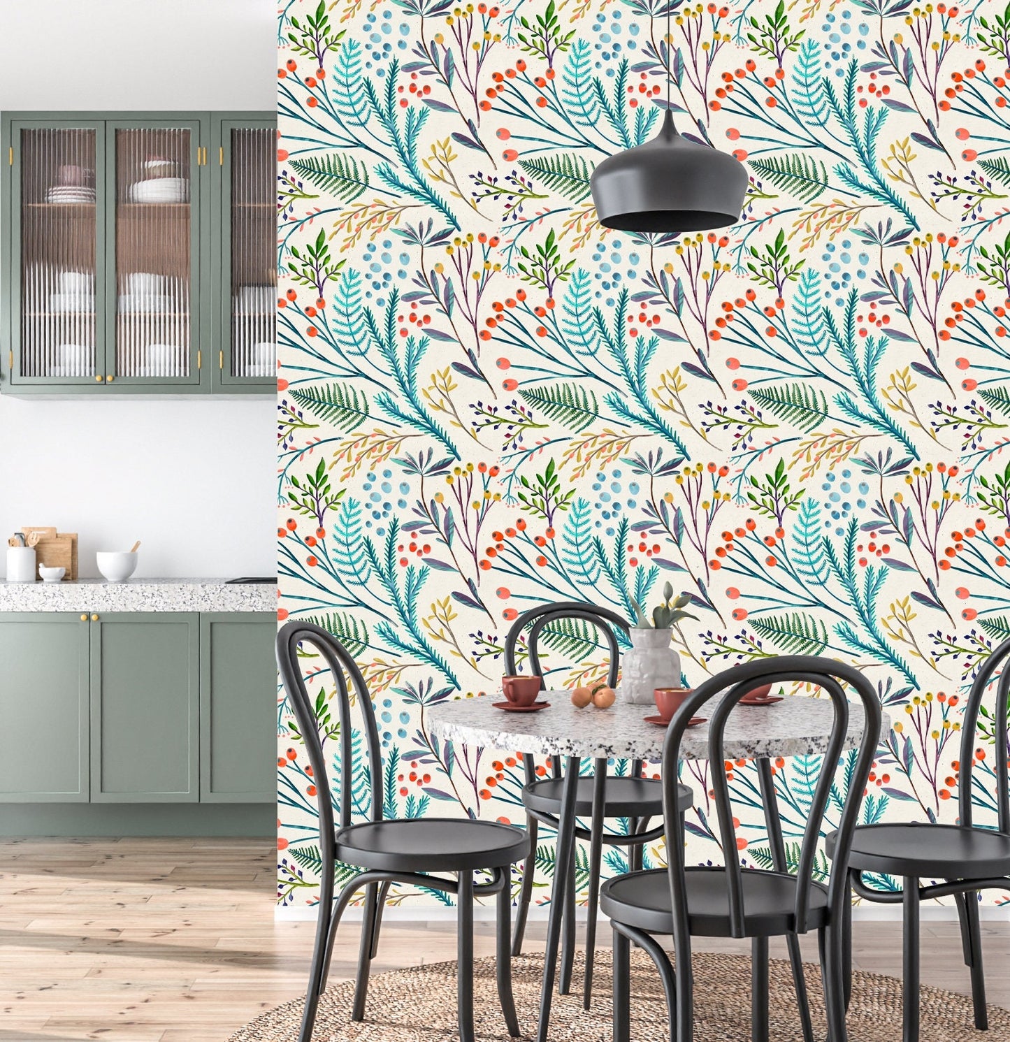 Botanical Wallpaper Peel and Stick, Berry Wallpaper, Branch Wallpaper, Scandinavian Wallpaper, Removable Wall Paper