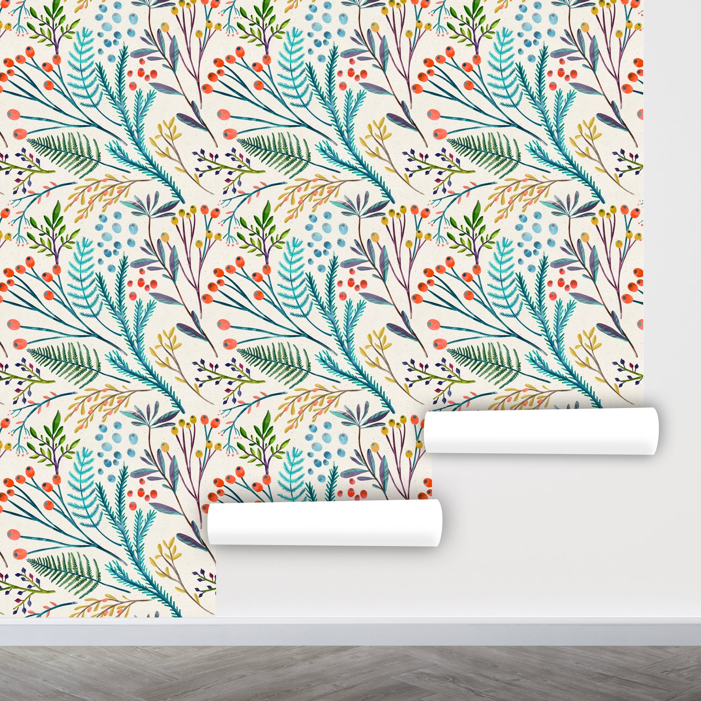 Botanical Wallpaper Peel and Stick, Berry Wallpaper, Branch Wallpaper, Scandinavian Wallpaper, Removable Wall Paper