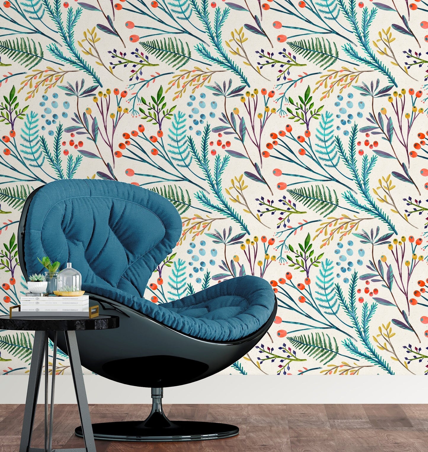 Botanical Wallpaper Peel and Stick, Berry Wallpaper, Branch Wallpaper, Scandinavian Wallpaper, Removable Wall Paper