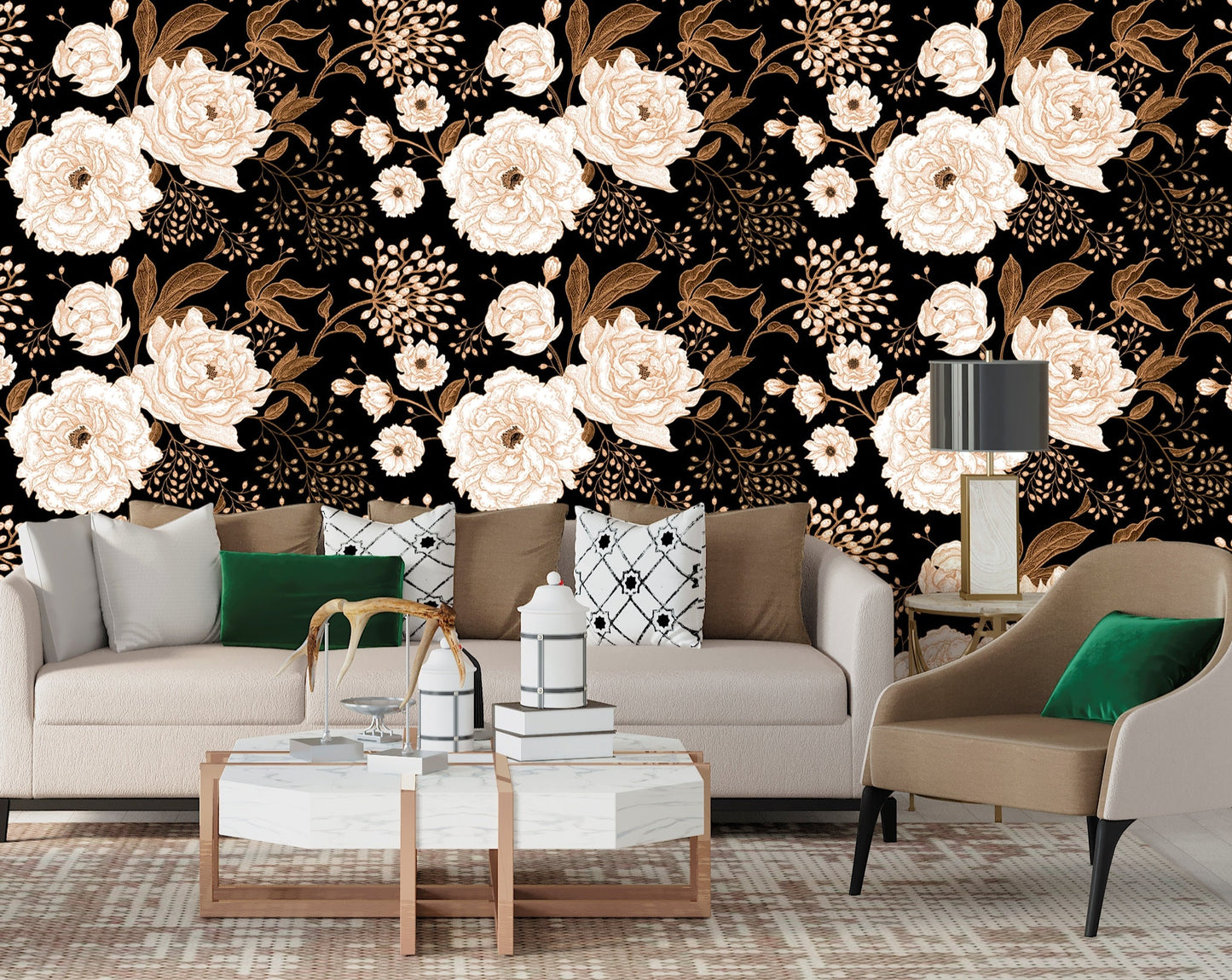 Dark Floral Wallpaper Peel and Stick, Black and White Wallpaper, Big Flower Wallpaper, Peony Wallpaper, Removable Wall Paper