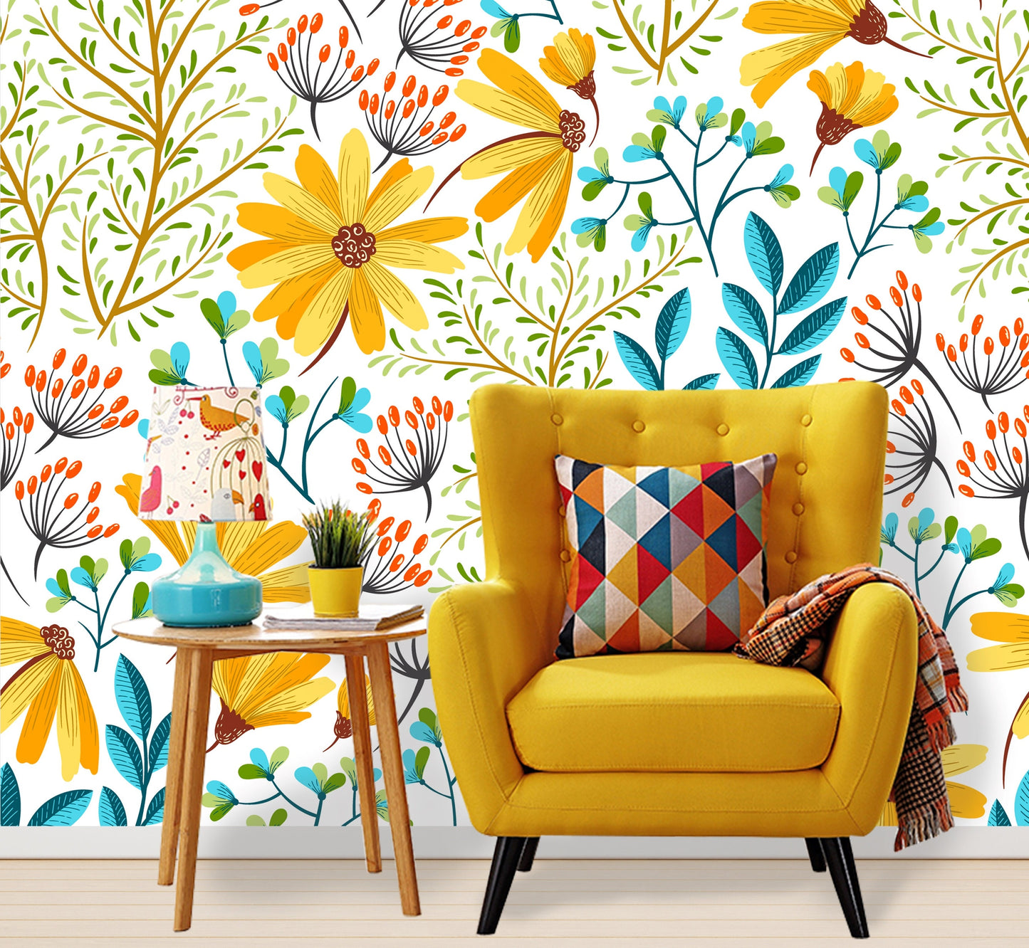 Yellow Floral Wallpaper Peel and Stick, Spring Wallpaper, Wildflower Wallpaper Nursery Wallpaper, Removable Wall Paper