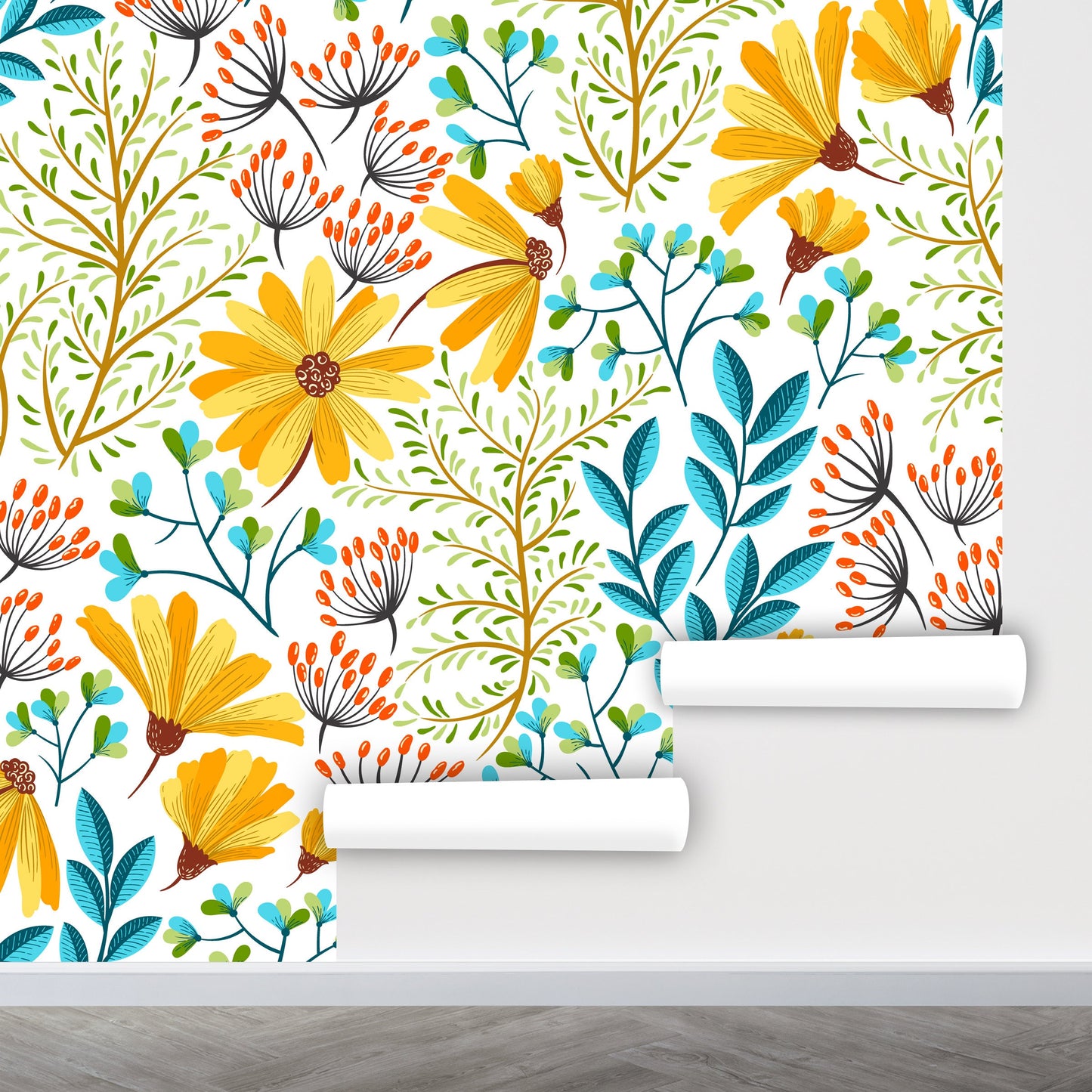 Yellow Floral Wallpaper Peel and Stick, Spring Wallpaper, Wildflower Wallpaper Nursery Wallpaper, Removable Wall Paper