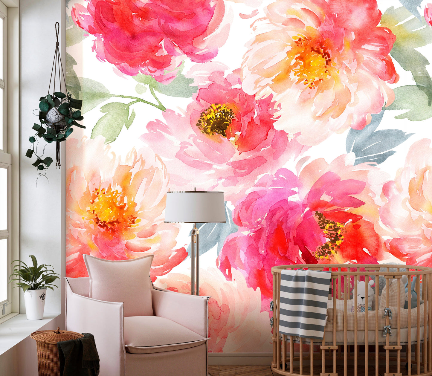 Hot Pink Wallpaper, Big Flower Wallpaper Peel and Stick, Watercolor Floral Wallpaper Bedroom, Nursery Wallpaper