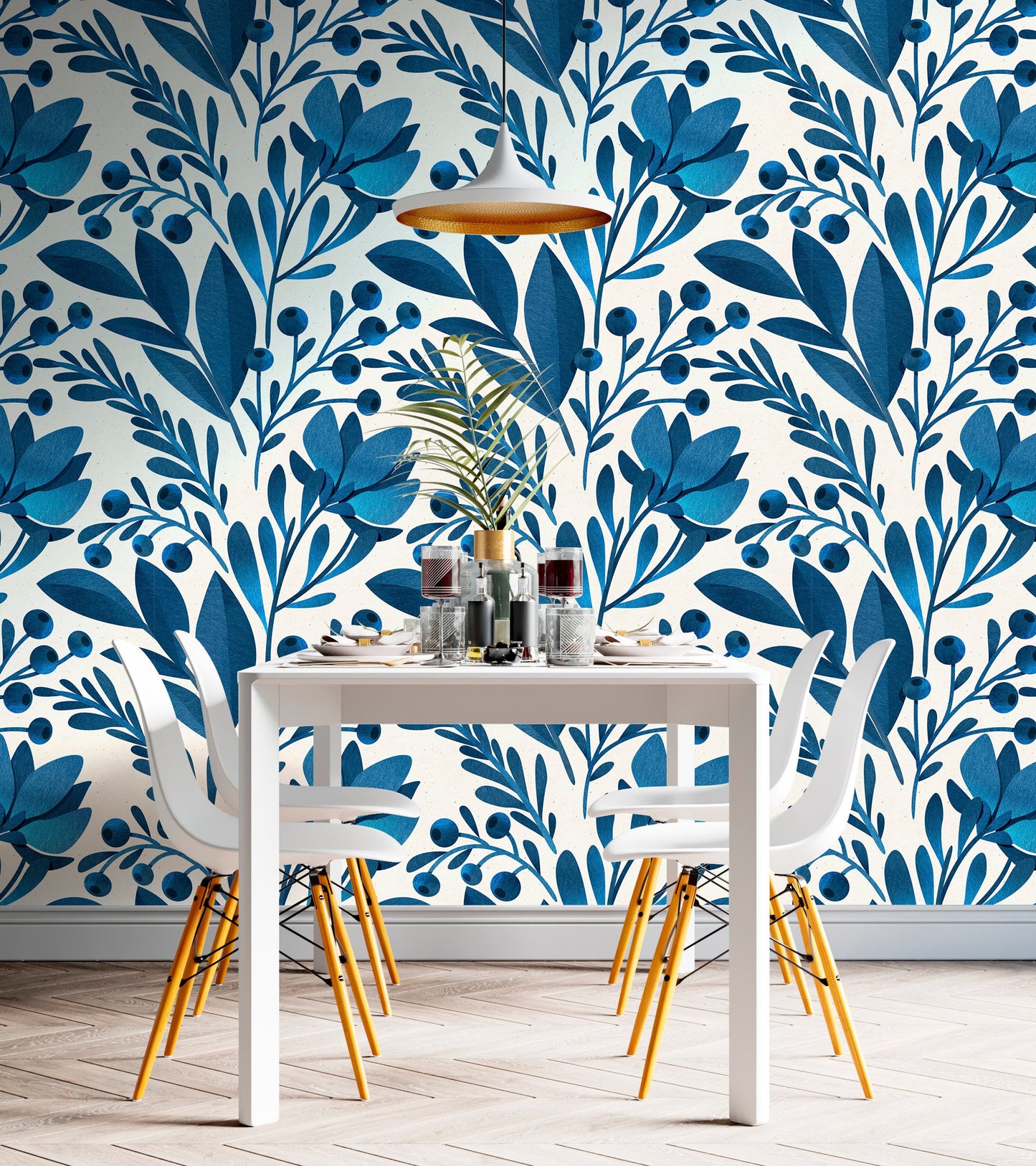 Blue Leaf Wallpaper, Blue Floral Wallpaper Peel and Stick, Tropical Leaves Wallpaper, Nursery Wallpaper, Removable Wall Paper