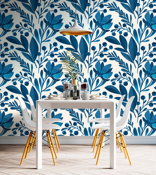 Blue Leaf Wallpaper, Blue Floral Wallpaper Peel and Stick, Tropical Leaves Wallpaper, Nursery Wallpaper, Removable Wall Paper