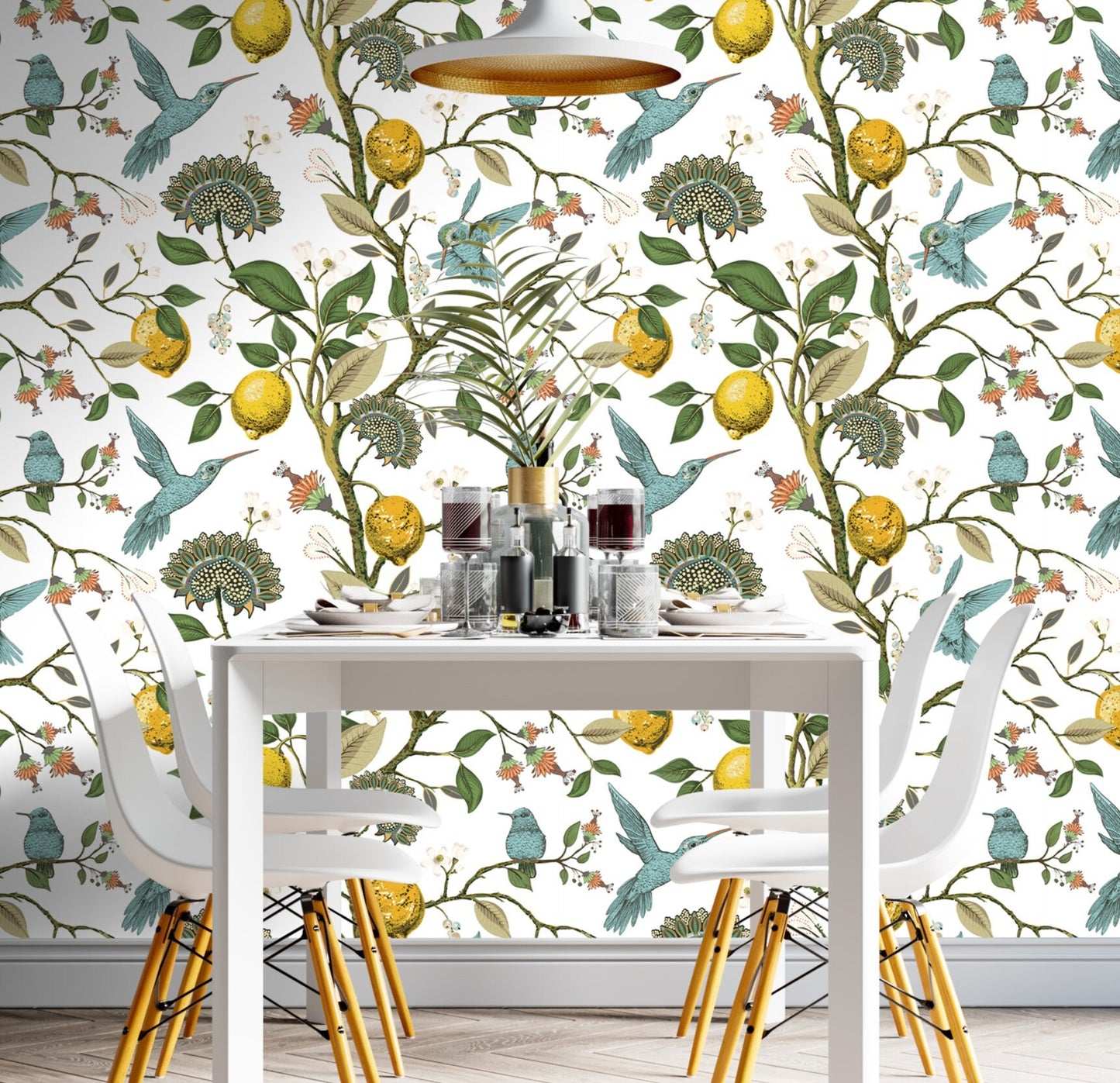 Hummingbird Wallpaper Peel and Stick, Lemon Wallpaper, Citrus Wallpaper, Tropical Wallpaper, Removable Wall Paper