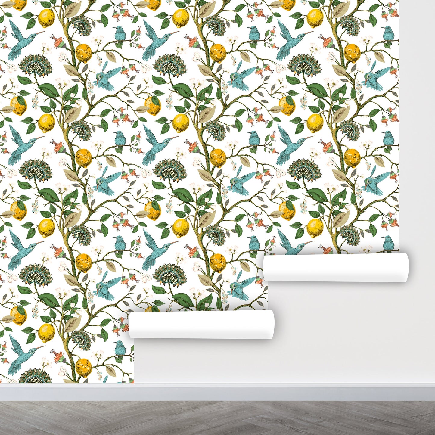 Hummingbird Wallpaper Peel and Stick, Lemon Wallpaper, Citrus Wallpaper, Tropical Wallpaper, Removable Wall Paper