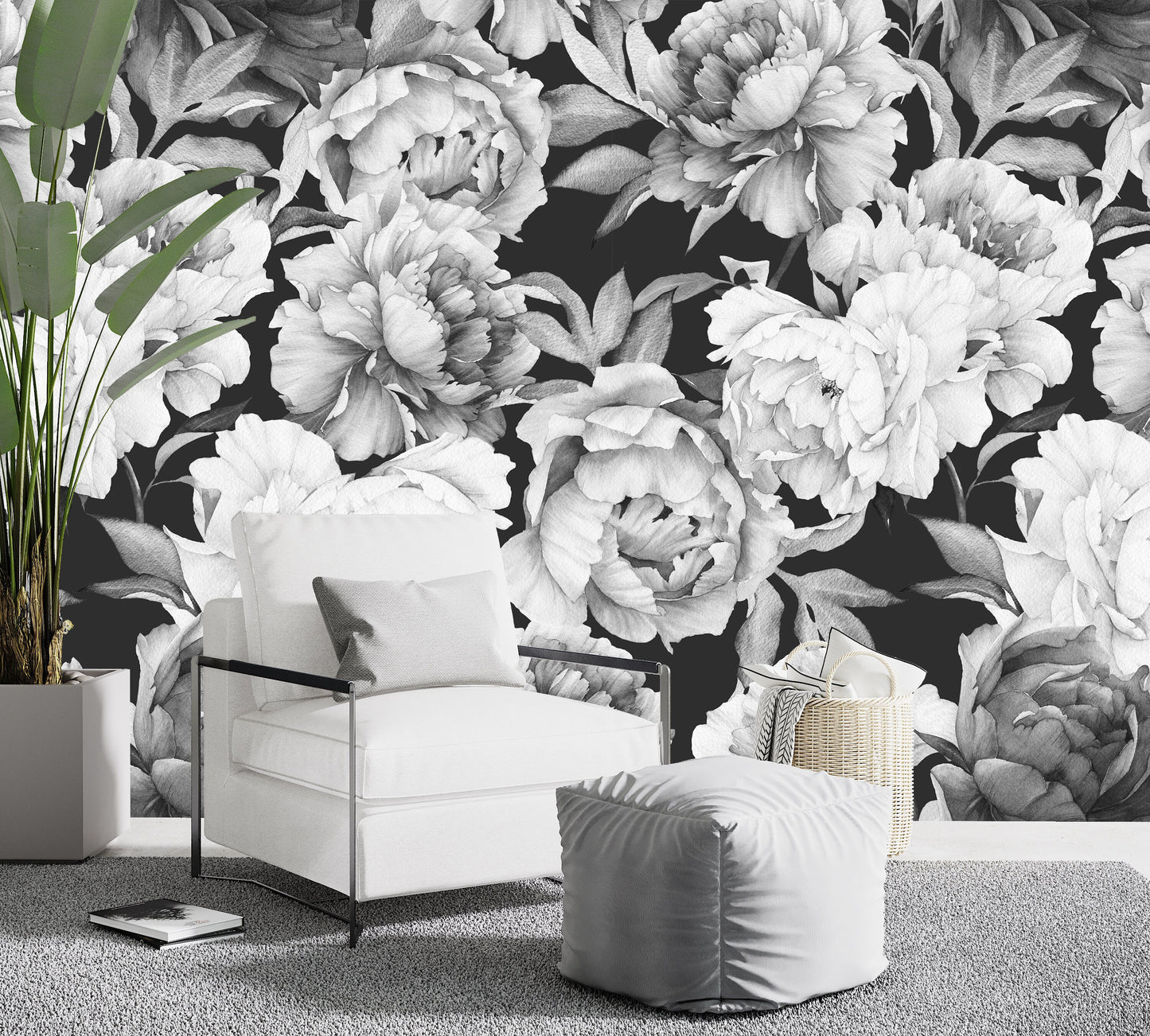 Dark Floral Wallpaper Peel and Stick, Watercolor Peony Wallpaper, Black and White Wallpaper, Removable Wall paper