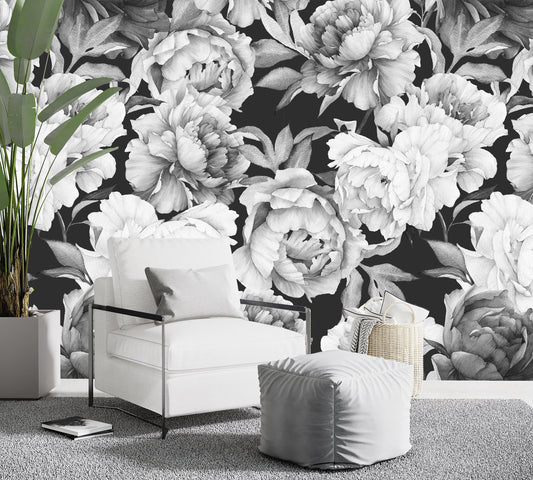 Dark Floral Wallpaper Peel and Stick, Watercolor Peony Wallpaper, Black and White Wallpaper, Removable Wall paper