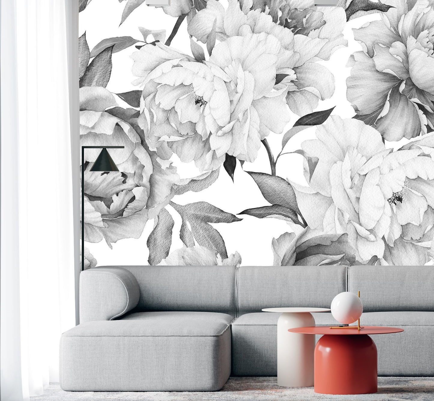 Peony Wallpaper Black and White Floral Wallpaper Peel and Stick Wallpaper Removable Wallpaper Mural