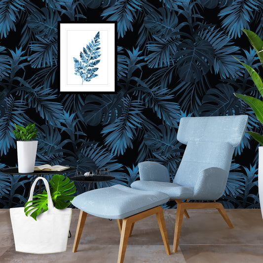 Blue Tropical Wallpaper, Palm Leaf Wallpaper, Dark Peel and Stick Wallpaper, Removable Wall Paper