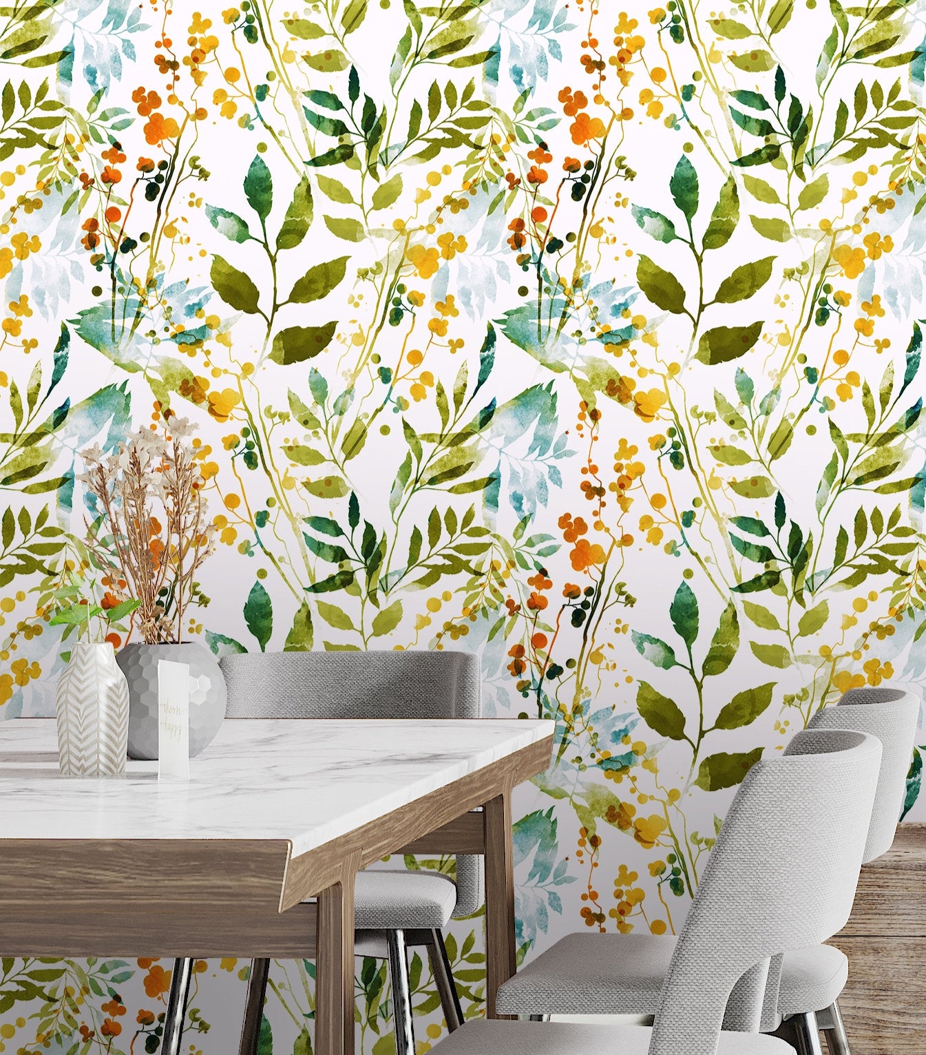 Green Leaf Wallpaper, Spring Wallpaper Peel and Stick, Botanical Wallpaper, Watercolor wallpaper, Removable Wall Paper