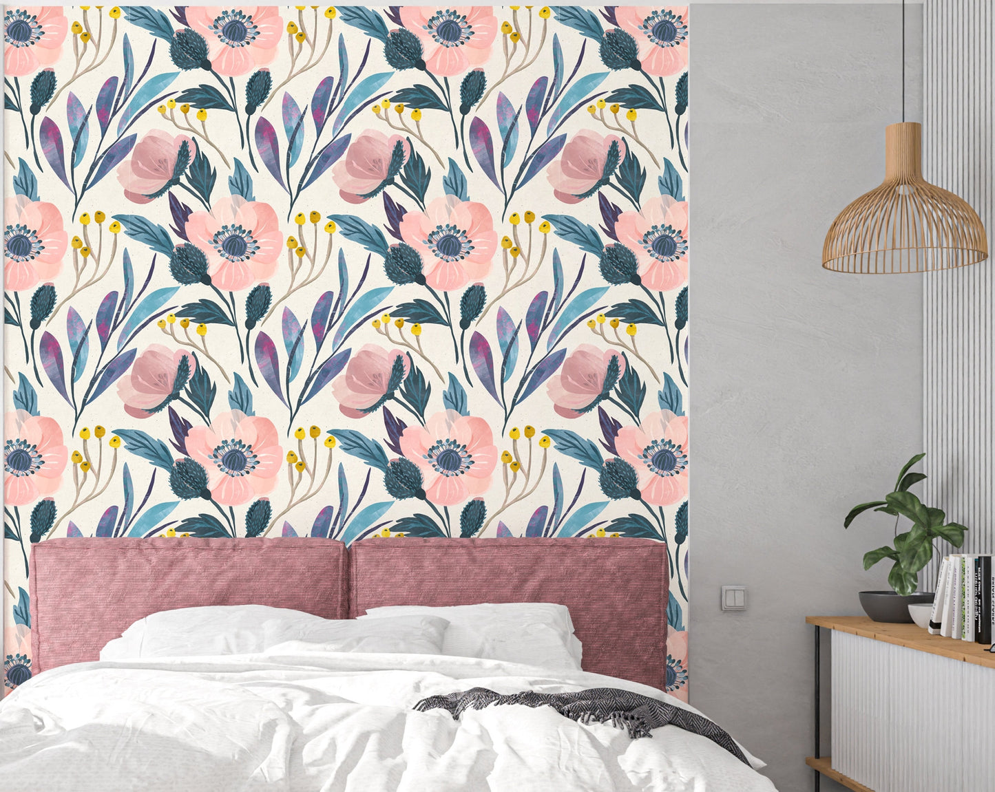 Big Flower Wallpaper, Watercolor Floral Wallpaper Peel and Stick, Pink Floral Wallpaper, Blue leaves Wallpaper, Removable Wall Paper