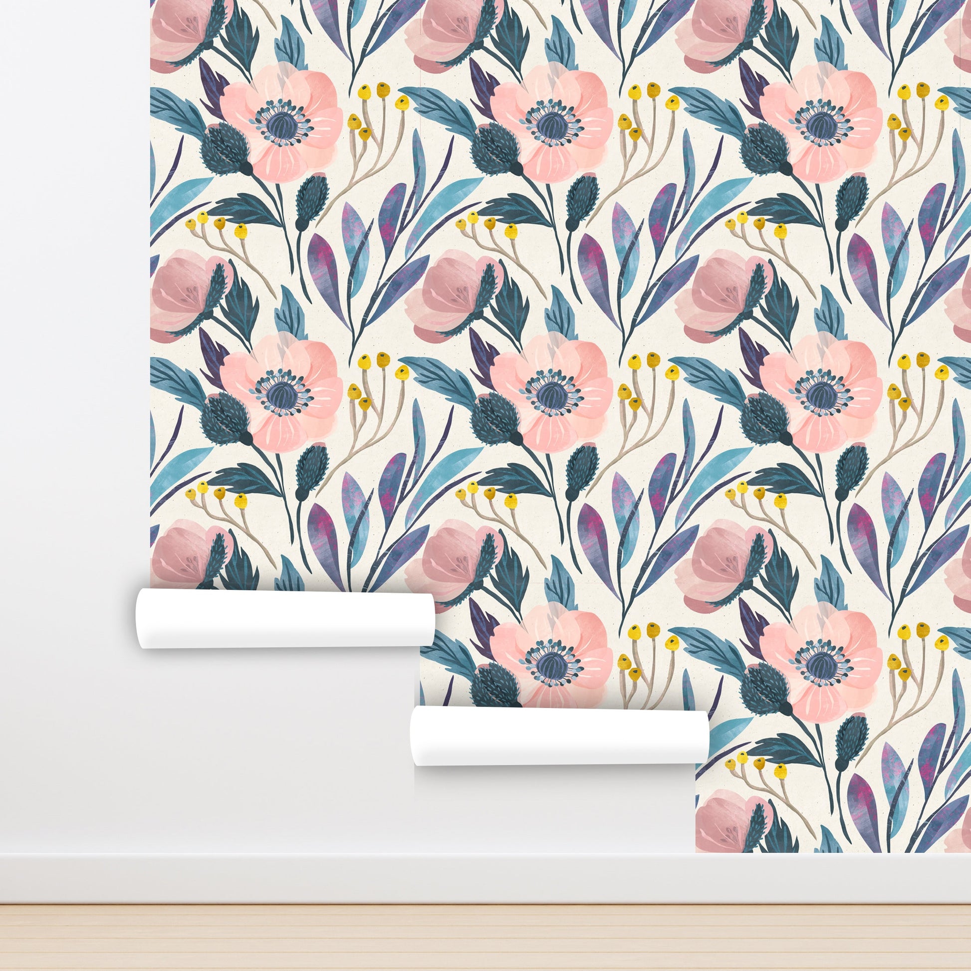 Big Flower Wallpaper, Watercolor Floral Wallpaper Peel and Stick, Pink Floral Wallpaper, Blue leaves Wallpaper, Removable Wall Paper