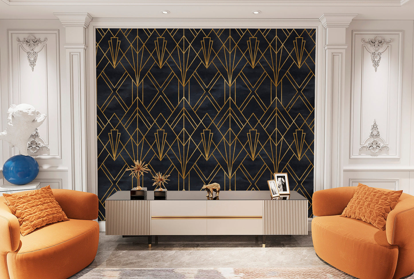 Black and Gold Geometric Wallpaper Peel and Stick, Art Deco Wallpaper, Vintage Wallpaper, Removable Wall Paper
