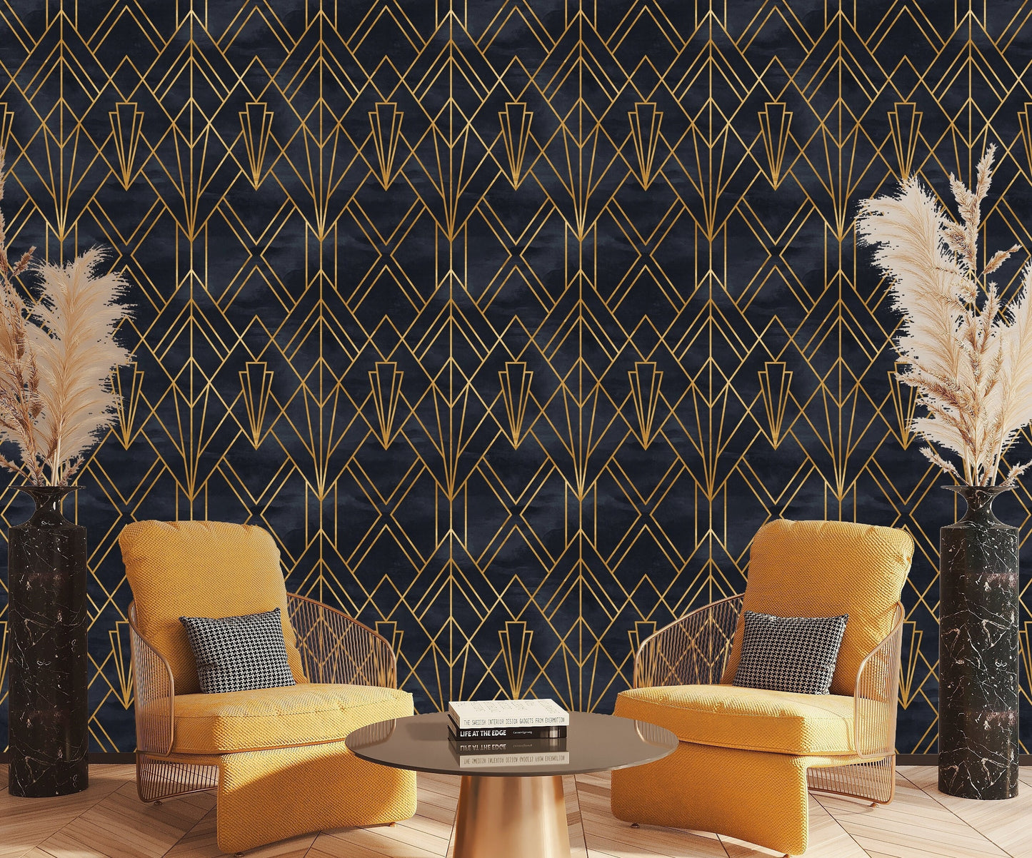 Black and Gold Geometric Wallpaper Peel and Stick, Art Deco Wallpaper, Vintage Wallpaper, Removable Wall Paper