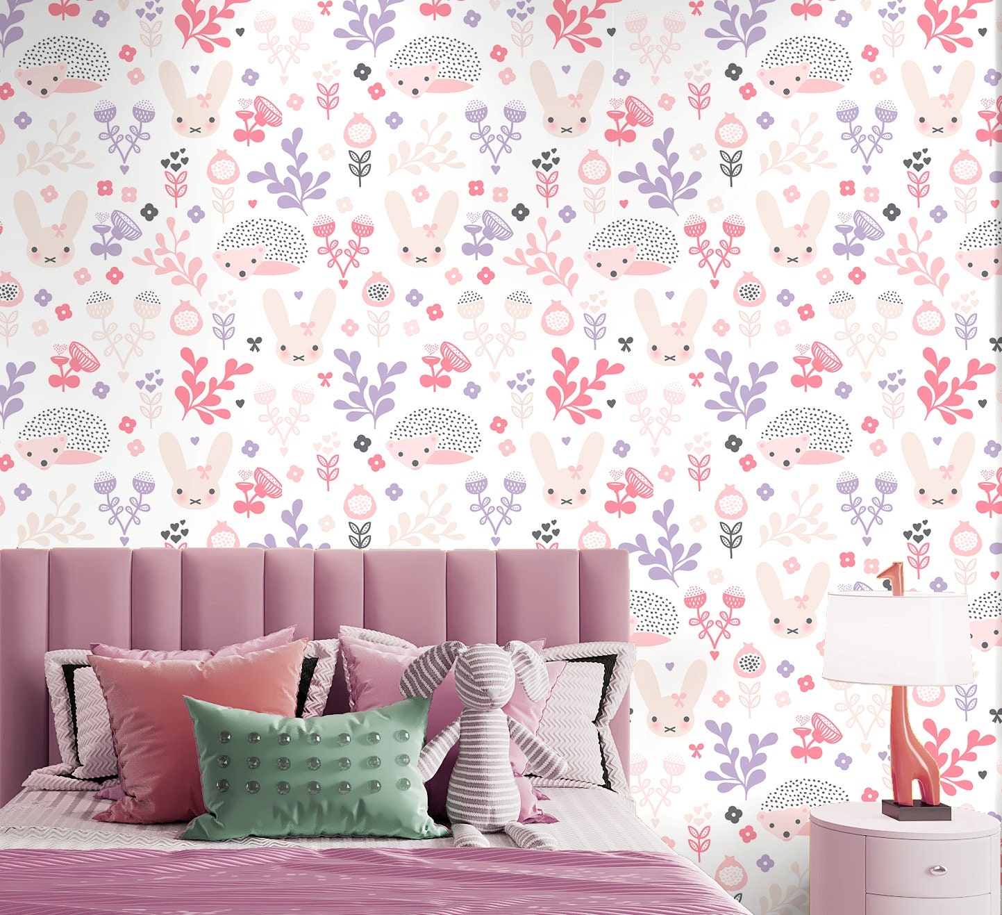 Bunny Wallpaper Peel and Stick, Hedgehog Wallpaper, Rabbit Wallpaper, Girls Room Wallpaper, Nursery Wallpaper, Removable Wall Paper