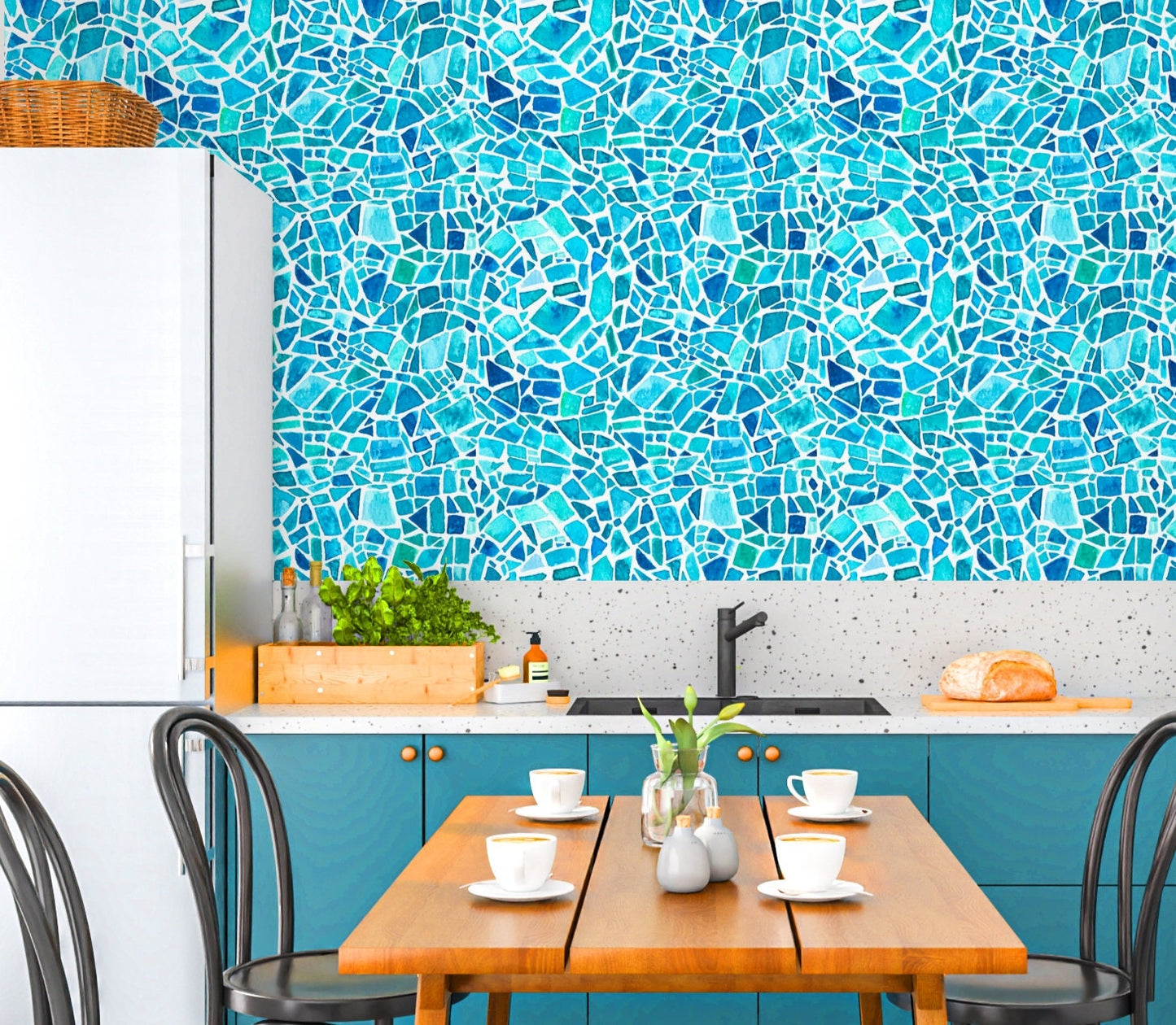 Blue Tile Wallpaper Peel and Stick, Mosaic Wallpaper for Kitchen, Turquoise Wallpaper Bathroom, Geometric Wallpaper, Removable Wall Paper