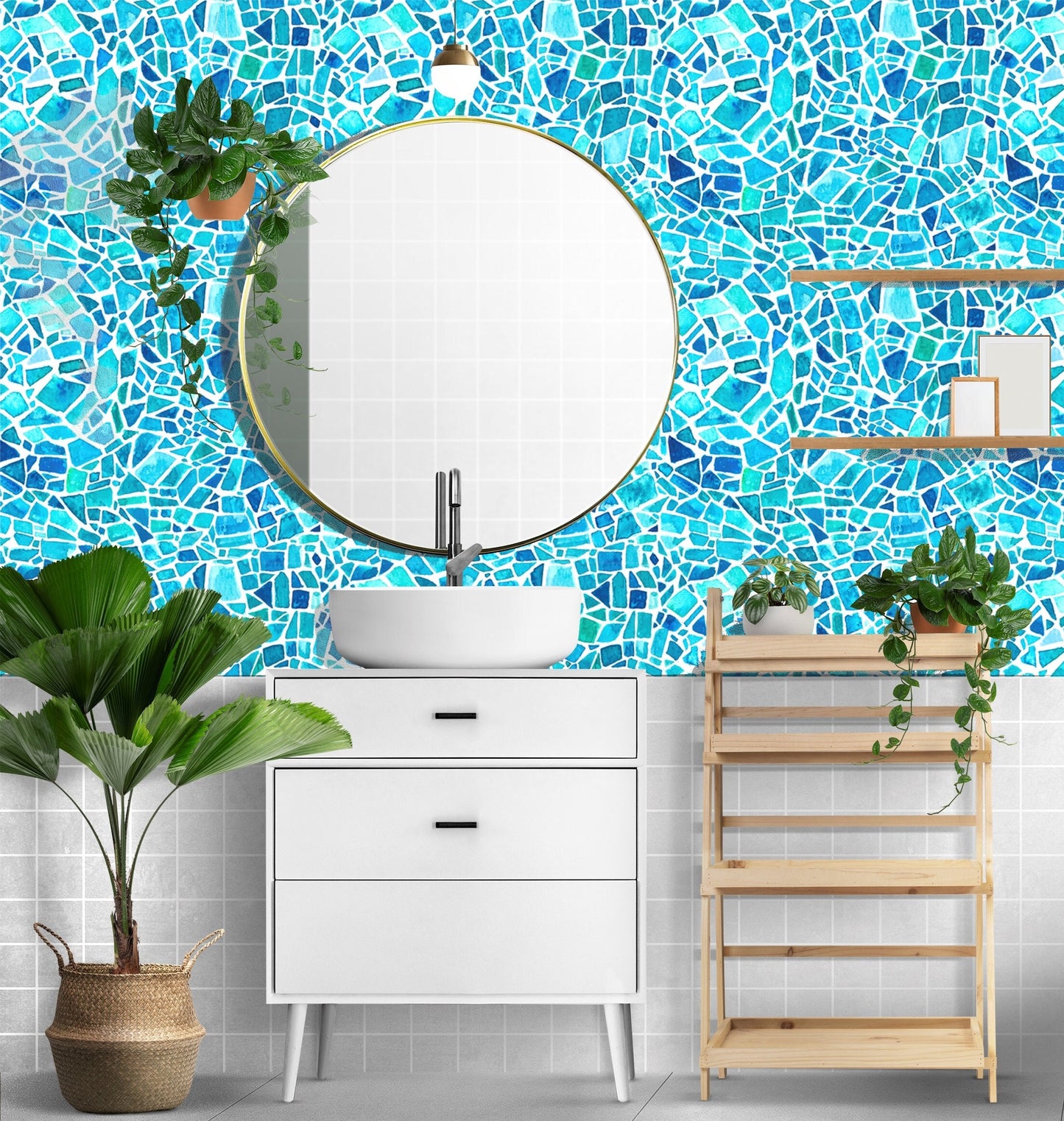 Blue Tile Wallpaper Peel and Stick, Mosaic Wallpaper for Kitchen, Turquoise Wallpaper Bathroom, Geometric Wallpaper, Removable Wall Paper