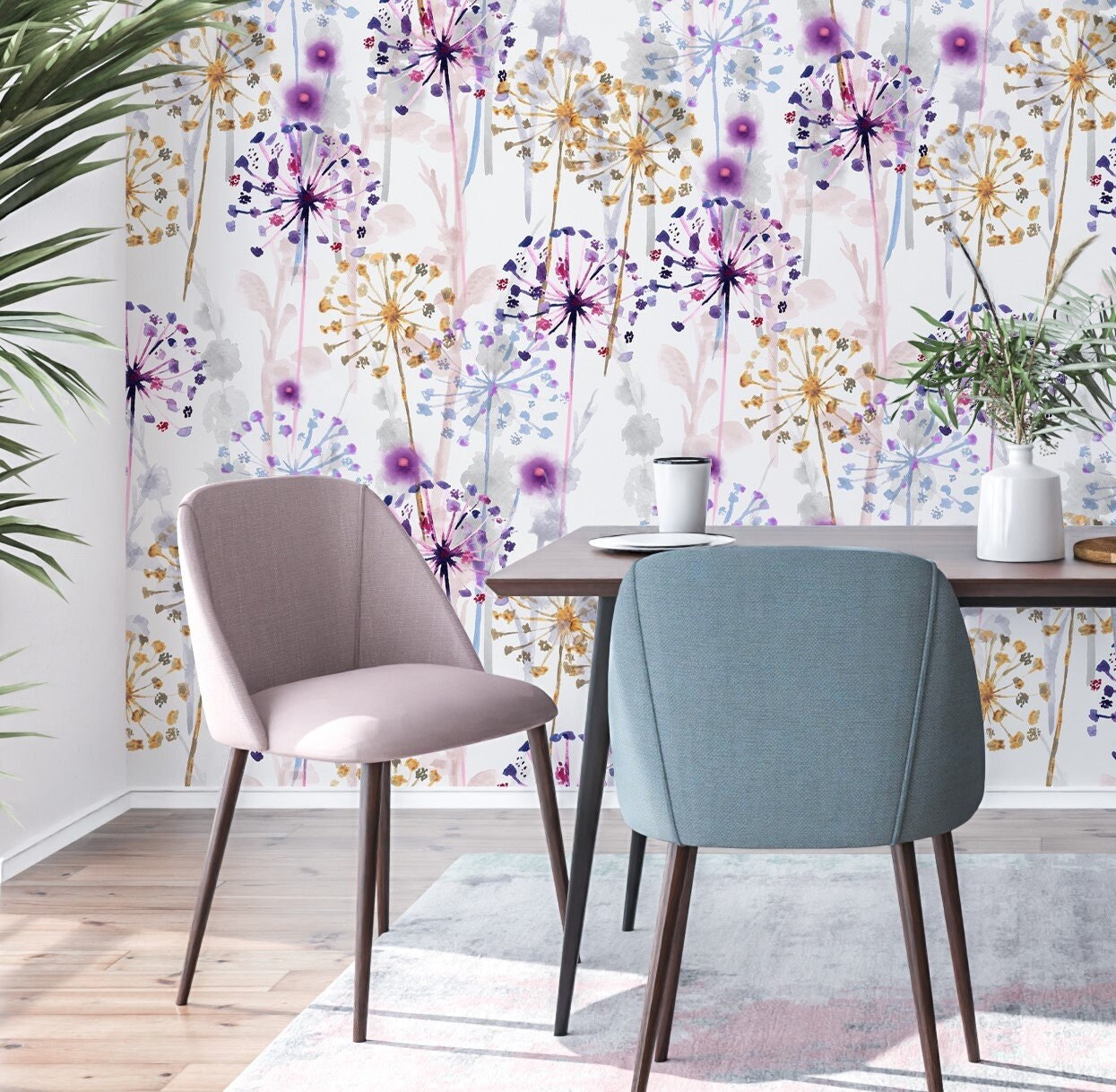 Dandelion Wallpaper Peel and Stick, Watercolor Floral Wallpaper, Removable Wall Paper