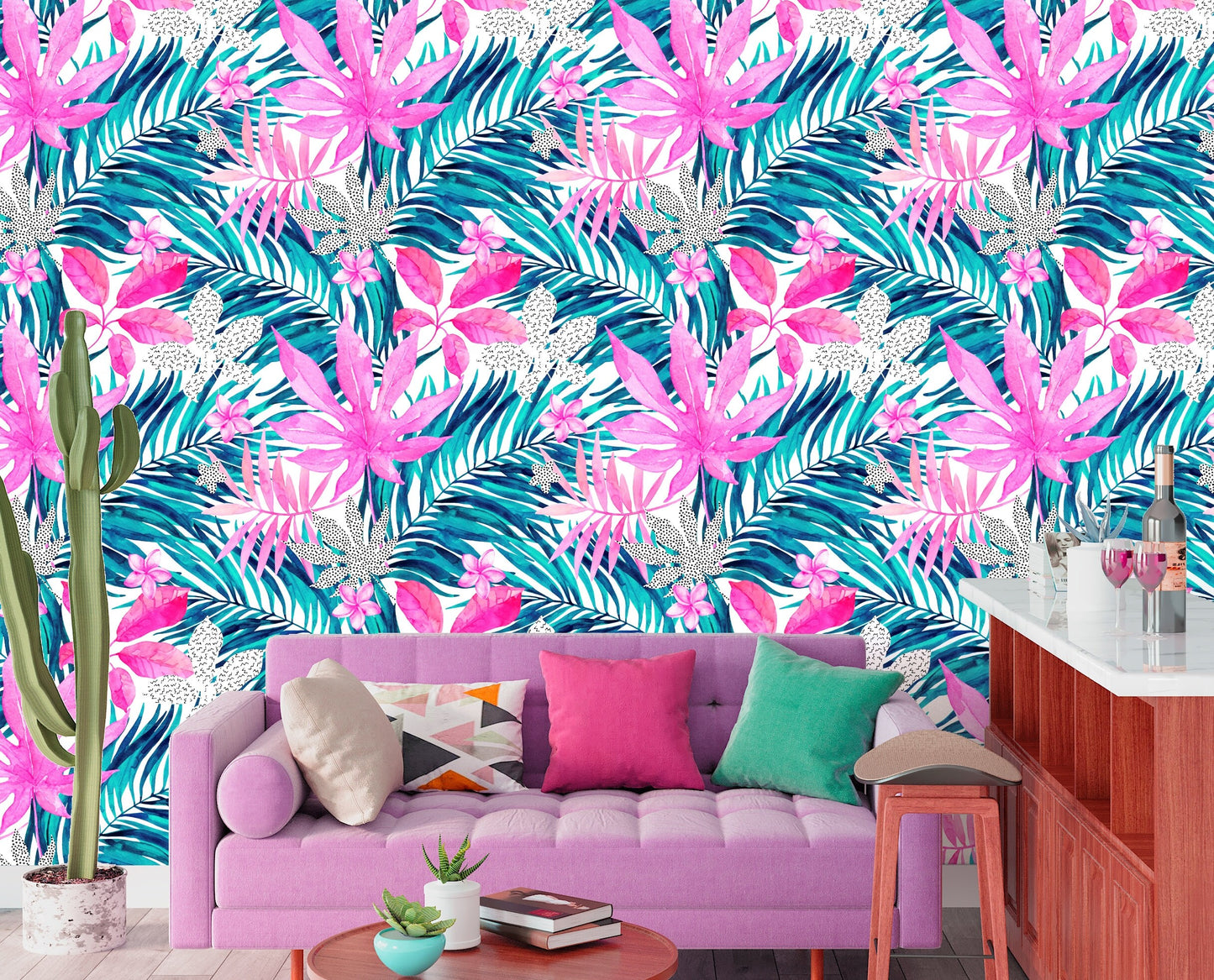 Palm Wallpaper Peel and Stick, Pink Leaf Wallpaper, Exotic Wallpaper, Tropical Wallpaper, Removable Wall Paper