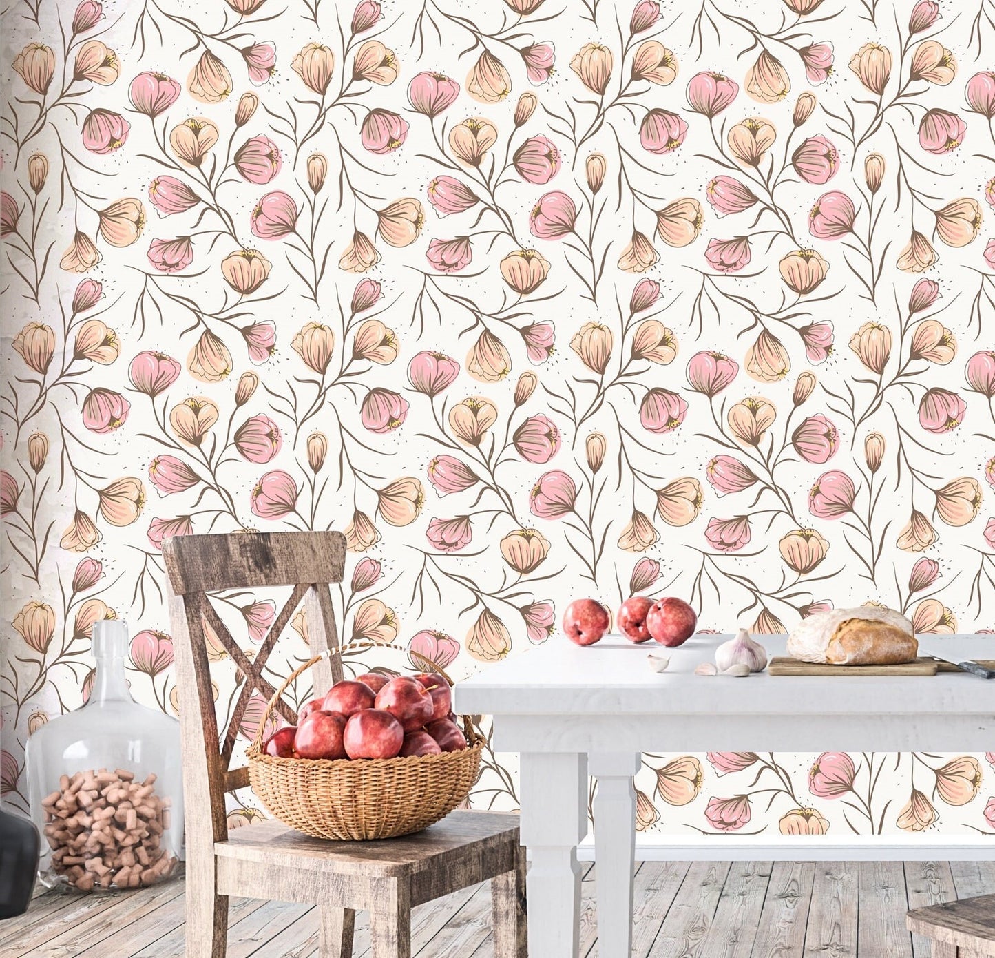 Pink Floral Wallpaper Peel and Stick, Spring Wallpaper, Farmhouse Wallpaper, Nursery Wallpaper, Removable Wall Paper
