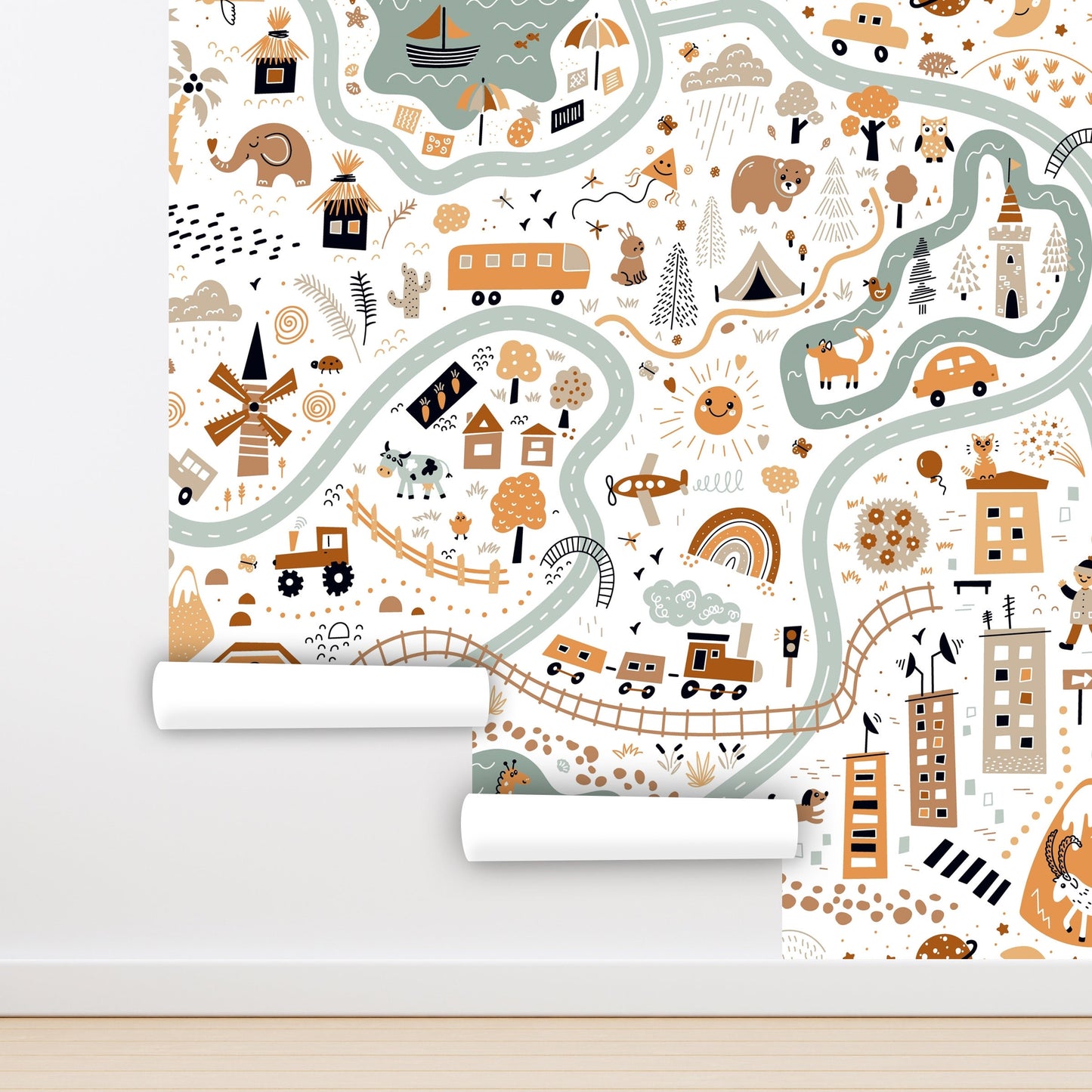 Boys Room Wallpaper, Road Wallpaper Peel and Stick, Village Wallpaper, City Map Wallpaper, Nursery Wallpaper, Removable Wall Paper