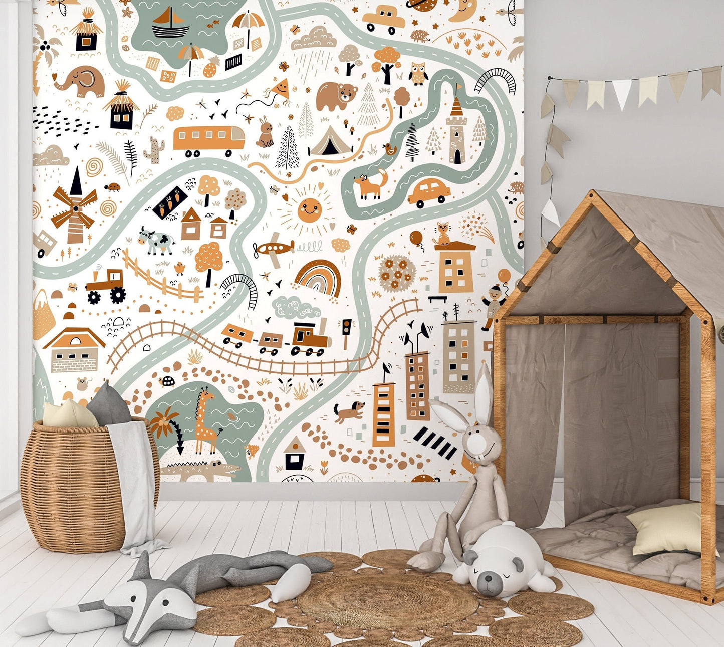 Boys Room Wallpaper, Road Wallpaper Peel and Stick, Village Wallpaper, City Map Wallpaper, Nursery Wallpaper, Removable Wall Paper