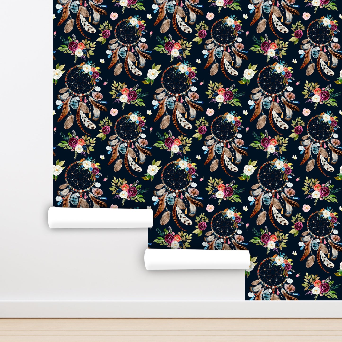 Dreamcatcher Wallpaper Peel and Stick, Feather Wallpaper, Dark Floral Wallpaper, Boho Wallpaper, Removable Wall Paper