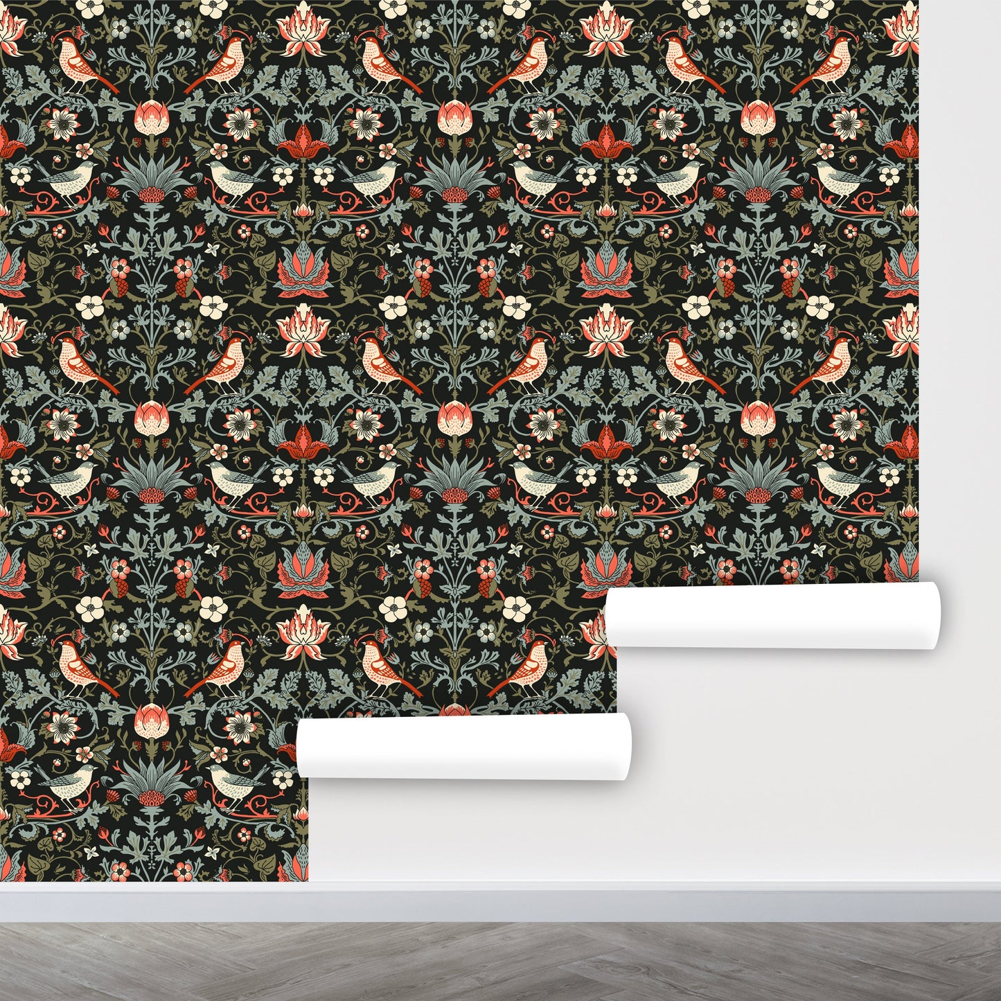Damask Wallpaper Peel and Stick, Victorian Wallpaper, Birds Wallpaper, Dark Floral Wallpaper, Removable Wall Paper