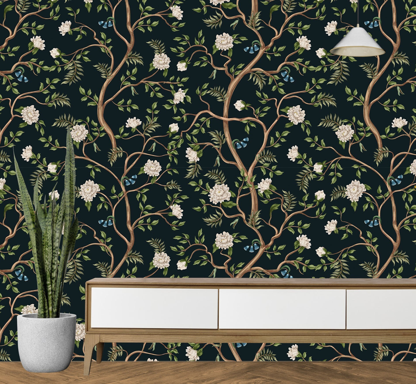 Chinoiserie Wallpaper Peel and Stick, Dark Floral Wallpaper, Garden Wallpaper, Japanese Wallpaper, Removable Wall Paper