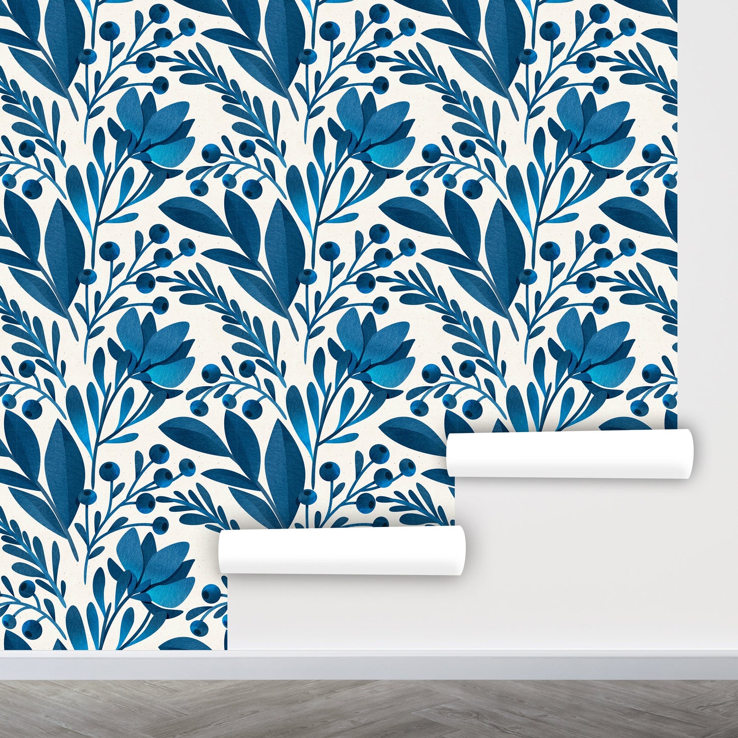 Blue Leaf Wallpaper, Blue Floral Wallpaper Peel and Stick, Tropical Leaves Wallpaper, Nursery Wallpaper, Removable Wall Paper