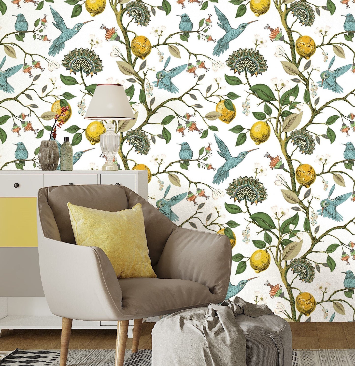 Hummingbird Wallpaper Peel and Stick, Lemon Wallpaper, Citrus Wallpaper, Tropical Wallpaper, Removable Wall Paper