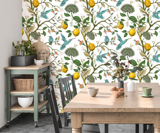 Hummingbird Wallpaper Peel and Stick, Lemon Wallpaper, Citrus Wallpaper, Tropical Wallpaper, Removable Wall Paper