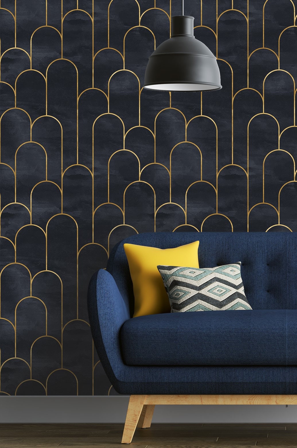 Black Geometric Wallpaper Peel and Stick Art Deco Wallpaper, Vintage Wallpaper, Removable Wall Paper